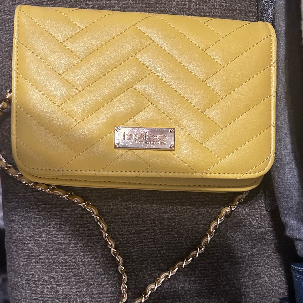 bebe Yellow Quilted Crossbody with Gold Chain